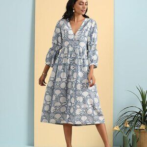 KLAVATE Deep V Neck HandBlock Print Cotton Floral Dress Women Summer Midi Dress